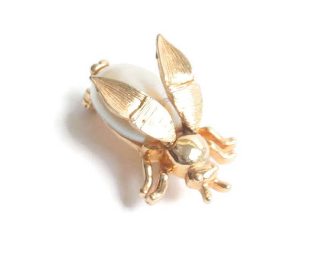 Fly Trembler Pin Brooch Faux Pearl Tummy Gold Tone Vintage