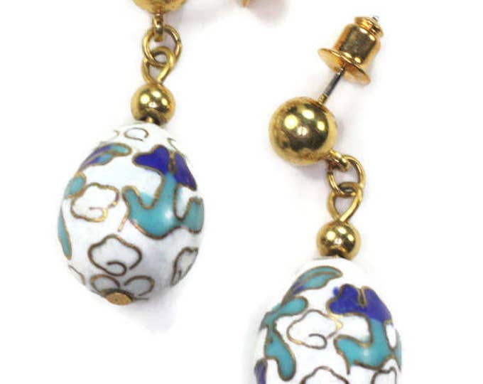 Cloisonne Porcelain Dangle Earrings Egg Shaped Blue and White with Posts Vintage