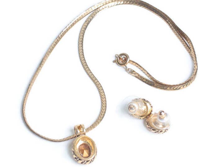 Crystal Pendant Necklace and Earrings Posts Oval Shaped Bead Accents Gold Tone