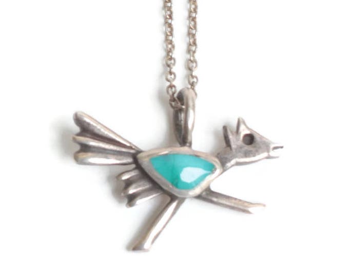 Sterling and Turquoise Roadrunner Pendant Necklace Southwestern Vintage