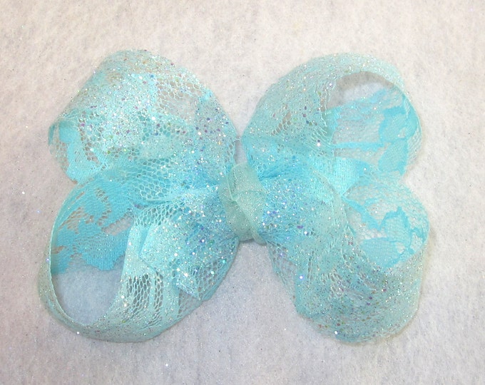 Aqua Hair Bow, Glitter Blue Bow, Girls Light Blue Bows, Boutique Hair Bow, Lace bow, Wedding Hairbow, 4 inch Bow, Single Layer Bow, Sparkle