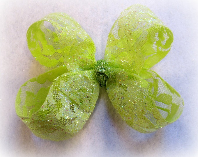 Lime Green Hair Bow, Glitter Lime Bow, Girls Green bows, Boutique Hair Bow, Lace bow, Wedding Hairbow, 4 inch Bow, Single Layer Bow, Sparkle