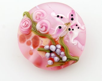SRA Glass Lampwork Bead, Lentil Focal, Matte Pink, Lavender