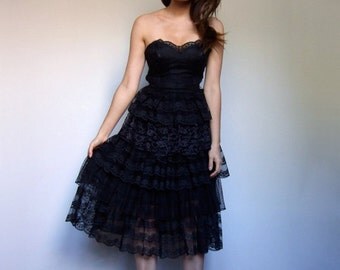 Vintage Lace Dress Women Tiered Ruffle Dress Black Strapless New Years Eve Dress - Extra Small XXS XS