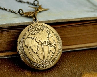 brass locket necklace, the world locket, peace locket, map locket, ONE WORLD, antiqued brass globe locket necklace