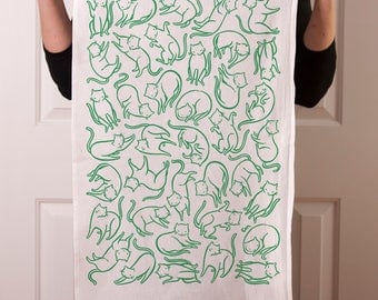 Flour sack tea towel with Floating Cats screen print in green