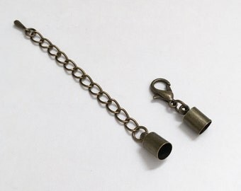 Antique Bronze Plated End Caps With Lobster Claw Clasp And 2" Extender With Drop Bead, 5mm End Caps, 5mm Cord Ends