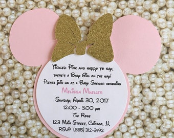 Tickled Pink Gold Baby Shower Minnie Mouse Glitter Invitations Minnie Invitations Minnie Mouse Head Invitation Birthday Baby Shower Invitati