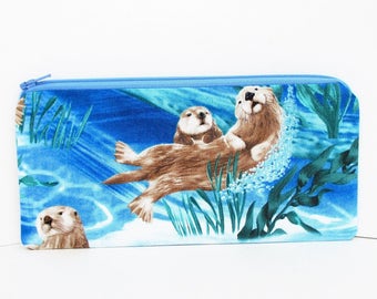 Sea Otter Pencil Pouch, Long Zipper Pouch, Blue Ocean Animals