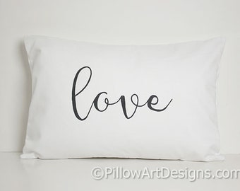 Lumbar Pillow Cover with word Love 12 X 18 White Cotton Lumbar Hand Painted Made in Canada