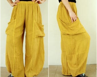 Take Me Home...Light Mustard Yellow Light Double Gauze Cotton Pants With 2 Roomy Patched Pockets