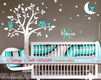 Owls Tree Wall Decal, Owls Wall Decal Moon and Stars, Owls Personalized Initial Name Wall Decal, Tree Decal, Moon Stars Owls Wall Sticker