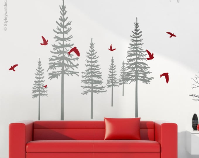 Pine Trees Winter Trees Wall Decal, Pine Trees and Birds Wall Decal for Living Room Home Decor, Fir Trees Wall Decal