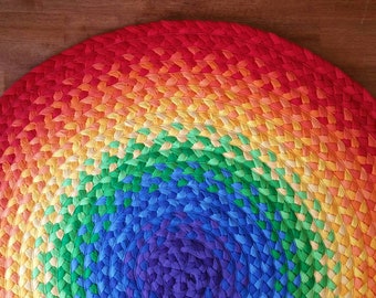 SPRING SALE 15% OFF 48" Rainbow Rug made from braided recycled t shirt