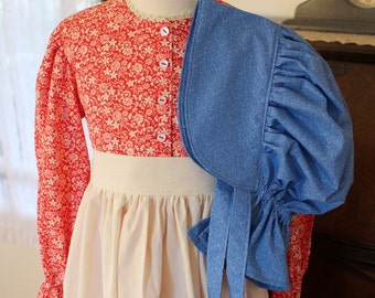 Girl's Simple Pioneer Dress w/ Half Apron and Bonnet Sizes 2-12