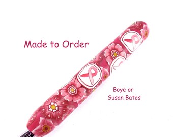 Pink Ribbon Crochet Hook, Susan Bates or Boye Polymer Clay Covered Crochet hook, Flower Design