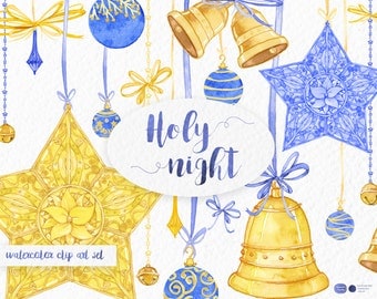 Christmas Clipart: Holy Night, Watercolor Christmas Clipart, Christmas Ornaments Clipart, Holiday, Xmas, Christmas Decorations