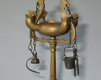 Vintage 4 Wick Oil Lamp with Tools, Brass Lucerne Lamp, Prayer Lamp, Boho Home decor