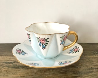 Shelley Teacup Pale Blue with dainty hand painted floral design / Dainty scalloped teacup