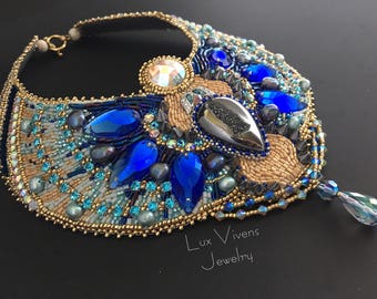 Blue Crystal Scarab Necklace - Dreamy Egyptian Princess Necklace, Egyptian Jewelry, Crystal and Pearl Collar Necklace, Bead Embroidered