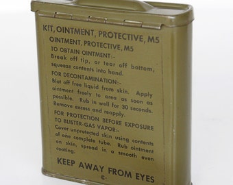Vintage Army Green Metal container for protective ointment for blister gas