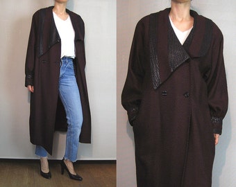 80s AVANT GARDE Wool + Leather Cocoon Coat Vintage Puffed Mutton Leg Balloon Sleeve Coat Wine Black Striped Cocoon Coat Avant Garde Coat