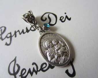 St Joseph Medal & Lt Blue Charm Pendant Necklace Patron Saint Medal Italy Catholic Jewelry Religious Gift Fathers Carpenters Happy Death