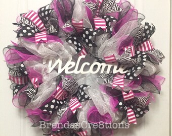 Wreath, Welcome Front Door Sign, Deco Mesh Decor, Wedding Gift Ideas, Breast Cancer Awareness, Hot Pink Wall Art, New Home Housewarming Gift