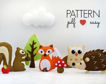 Woodland Mobile Sewing Pattern, DIY Baby Mobile Pattern, Felt Woodland Mobile, Felt Woodland Stuffed Animal Sewing Patterns, Felt Plushie