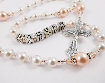 Personalized Swarovski Rosary for a Girl - White and Peach - Baptism, First Communion, Confirmation