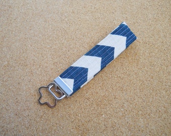 Dark Navy Blue and White Chevron Fabric Key Fob Wristlet