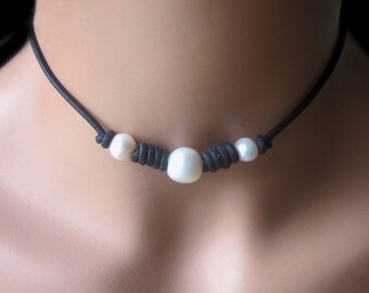 Leather Pearl Choker Necklace Womens Girls Casual Jewelry Gift Freshwater Pearls Black or Brown Trendy Boho