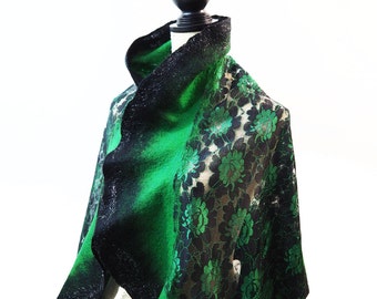 Black Felted Shawl Green Scarf Black Scarf Nuno Felted Scarf Ruffle Scarf