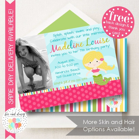 Mermaid Birthday Invitation, Mermaid Invitation, Mermaid Party, Girl First Birthday, Girl Birthday, Mermaid Invite, Skin & Hair Choices Il_570xn