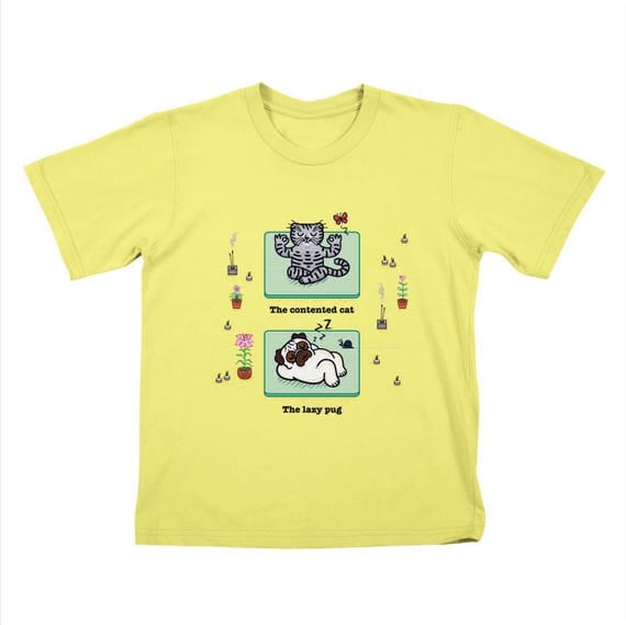 YOGA POSES - Pug and Cat - Childrens T-shirt / Tee / Kids / Youth - Lemon Yellow by Oliver Lake - iOTA iLLUSTRATION