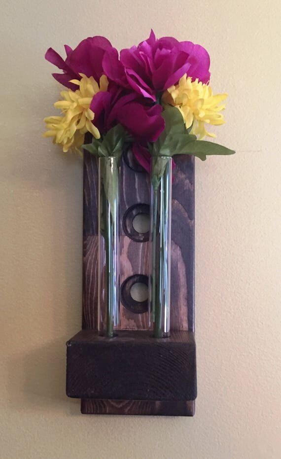Items similar to Wooden wall mounted flower holder, 2 test tube flower vases. on Etsy