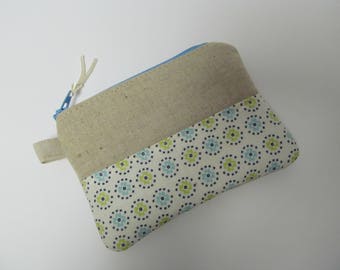 Zipper Pouch/3.5"x5"/Linen x Flower x Pale Blue Zipper