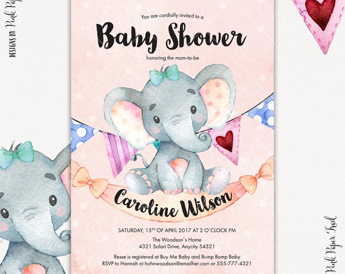 Elephant Baby Shower Invitation, Baby Girl, Baby Shower Invitation, Jungle Baby Shower Invitation, Cute Baby Elephant,Print Your Own