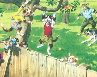 Vintage Alfred Mainzer Anthropomorphic Dressed Cats by Eugen Hartung Postcard Printed in Turkey, 1970s