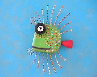 Green Guppy, MADE to ORDER, Original Found Object Wall Sculpture, Wood Carving, Fish Sculpture, Wall Decor, by Fig Jam Studio