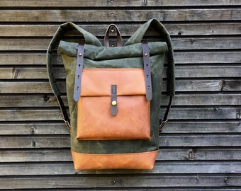 Waxed canvas rucksack/backpack with roll up top and oiled leather bottem COLLECTION UNISEX