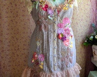 off Reworked dress bohemian gypsy wearable art art to wear dress altered couture dress upcycled dress embroidered with artsy flowers