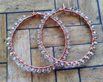 Rose Gold Wire Wrapped Hoop Earrings, Clear Seed Bead Earrings, Beaded Hoop Earrings, Rose Gold Earrings