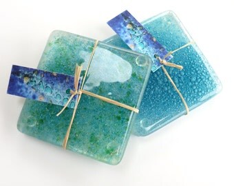 Fused glass coasters, handmade art glass coasters, set of 2, bubble coasters, drinks mats, recycled glass coasters, eco gift, recycled home