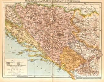 1893 Bosnia, Dalmatia, Herzegovina and Montenegro Original Antique Map