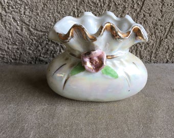Ceramic Pinkeep Rose Hatpin Hat Pin Keep Vintage Lusterware White & Pink Container - #H1089