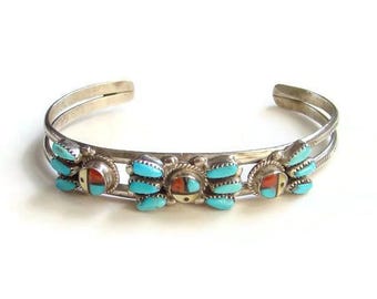 Vintage Zuni Sun Face Petit Point Turquoise Cuff Bracelet Sterling Silver Signed Zunie Sterling Silver Native American