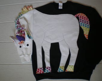 Unicorn sweatshirt, unicorn shirt. Rainbow trim, mystical, magical, adult size small, medium, large, XL, puppet sleeve