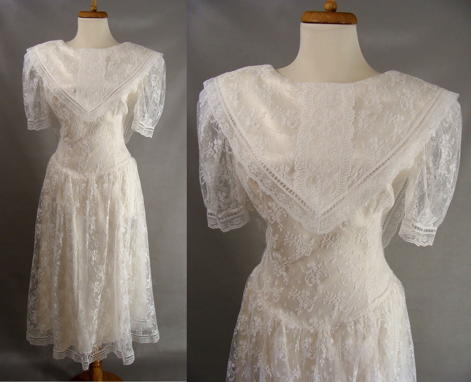 As-Is. vintage 80s Gunne Sax Dress. White Lace Midi Dress.