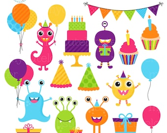 Monster Birthday Party Clipart Set - clip art set of monsters, party, cake, balloons - personal use, small commercial use, instant download